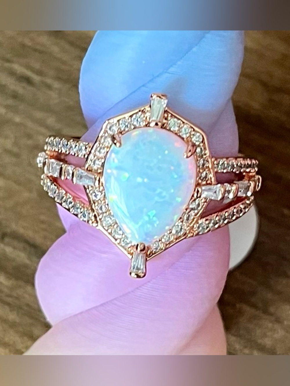 Bomb Party October Birthday Rose Gold Fire Opal Pear Halo Ring with Pavé Accent